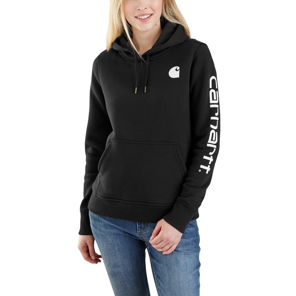 Carhartt Womens Relaxed Fit Midweight Logo Sleeve Graphic Hoodie Black - XS